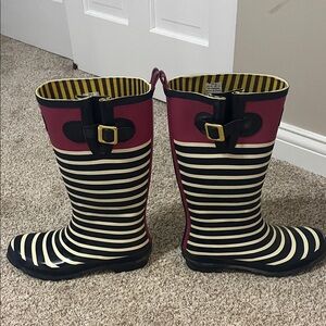 Joules Hot Pink, Navy and Cream Striped Boots